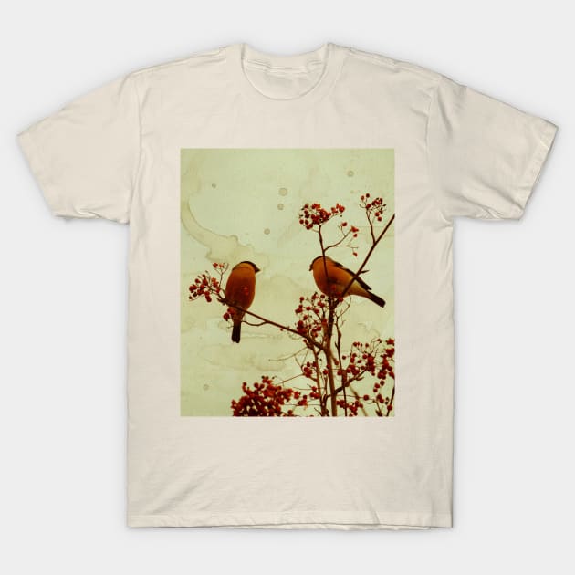 Bullfinches eat rowan berries T-Shirt by AnnArtshock